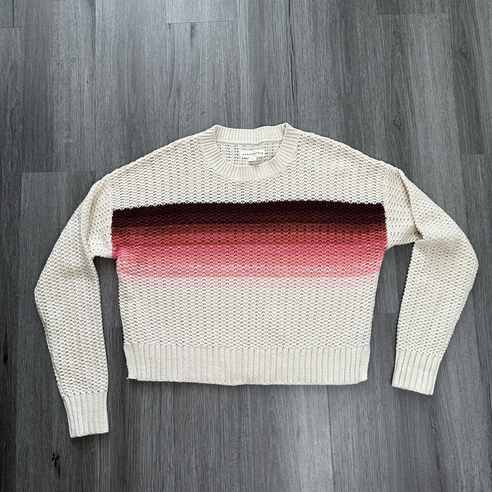 Aeropostale Pink and Cream Striped Knitted Sweater